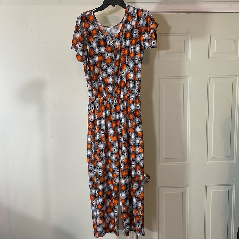 Jumper Jumpsuit Front Zip Elastic Waist Orange Gray circle Print Short Sleeve - Picture 2 of 13